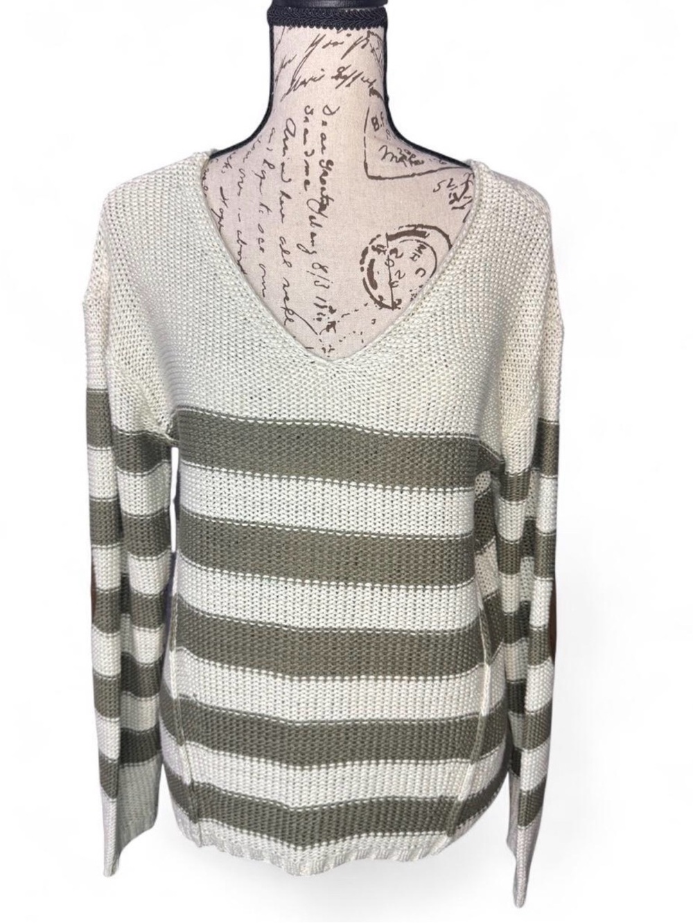 RDI Striped V-Neck Sweater in Cream and Olive